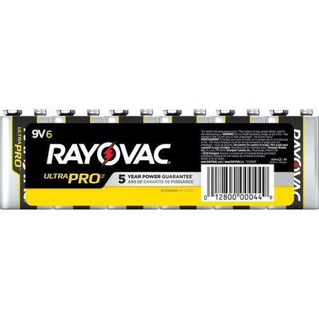 RAYOVAC Batteries, Ultra Pro, 9V, Alkaline, SR/BK/YW, 6PK RAYAL9V6